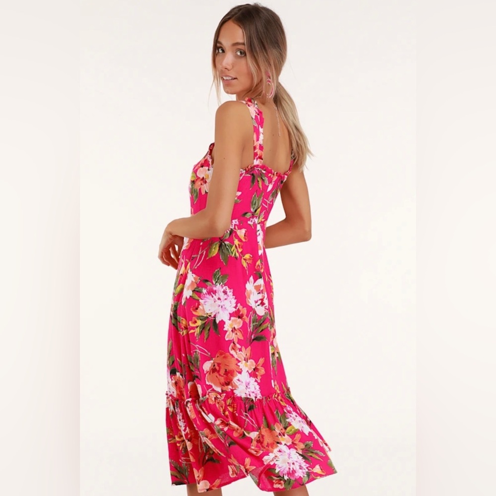 Lulu's Fuchsia Floral Tie-Front Midi Dress - Picture 3 of 8